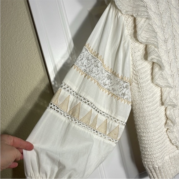 Anthropologie Cable Knit Sweater Size XL Ivory Ruffle Puff Sleeve Lace Crewneck - Picture 4 of 9